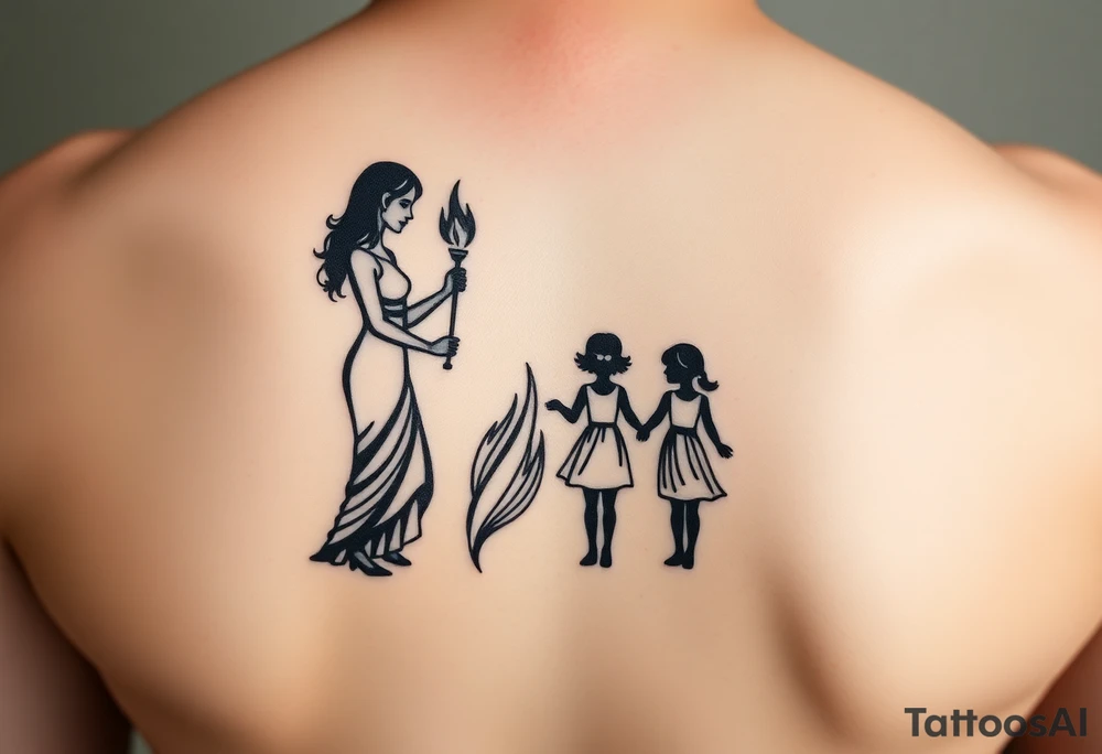 Silhouette of a mother passing a flame to two daughters tattoo idea