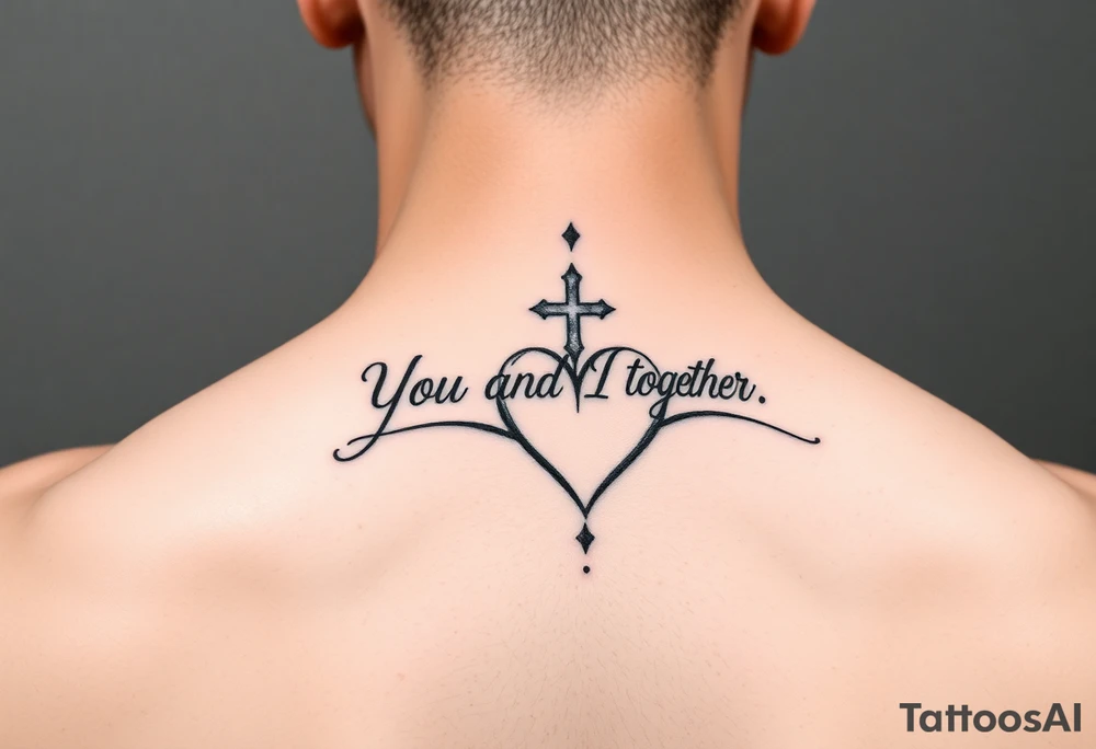 "You and I together" with a cross and a heart integrated into the design tattoo idea