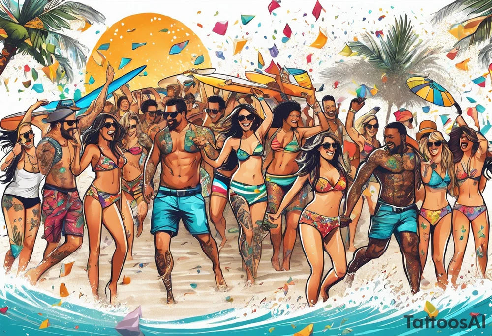 SURFING SAFARI BEACH DANCE 
PARTY WITH CONFETTI AND MUSIC NOTES, TROPICAL DRINKS, SEXY BIKINIS tattoo idea