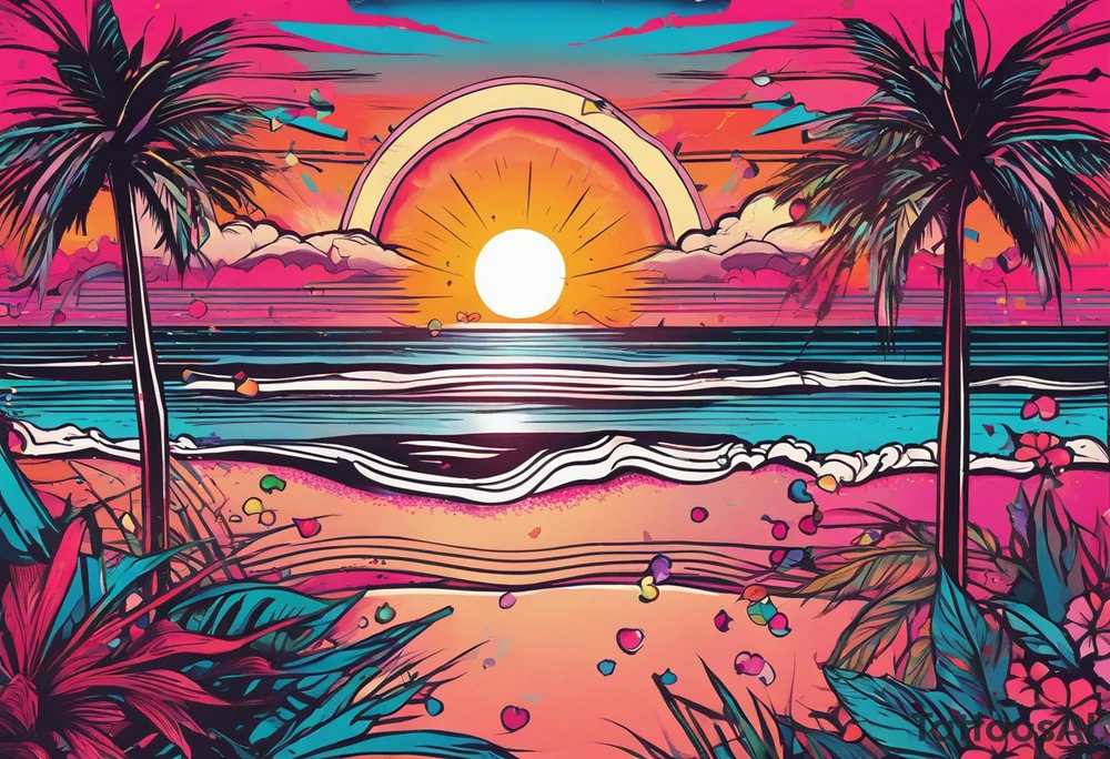 1980's miami vice style beach dance 
party, include confetti, music notes, boom box, bikinis sunset in the center tattoo idea