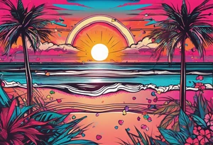 1980's miami vice style beach dance 
party, include confetti, music notes, boom box, bikinis sunset in the center tattoo idea