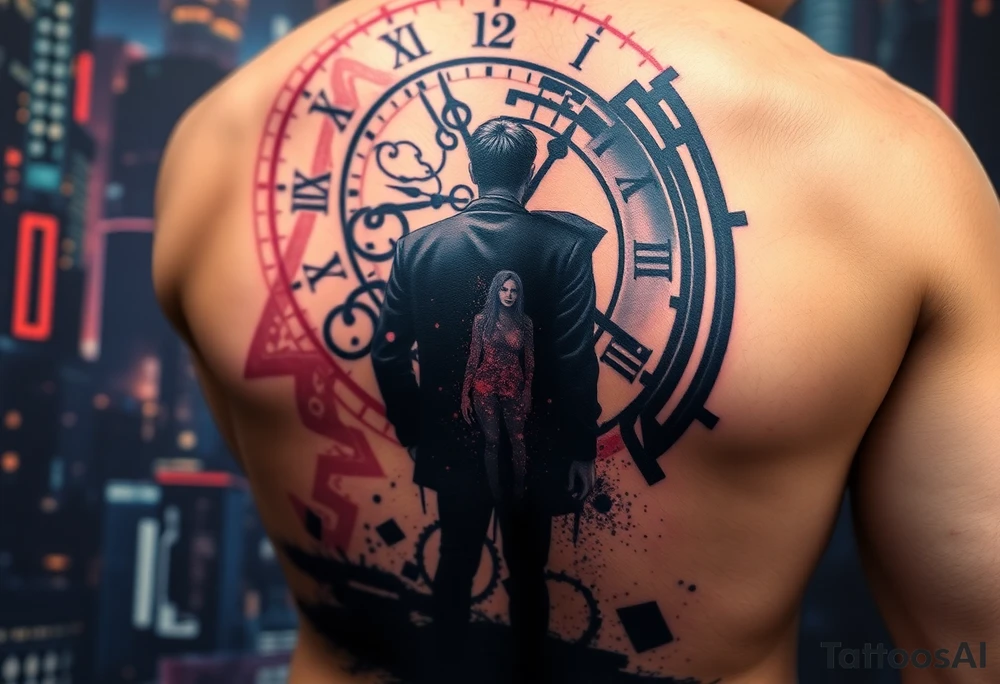 dark futuristic back tattoo, lonely man standing in a neon city, giant broken clock behind him, holographic money dissolving into particles, ghost silhouette of a woman disappearing, emotional storytelling tattoo, cyberpunk style, ultra detailed full back piece tattoo idea
