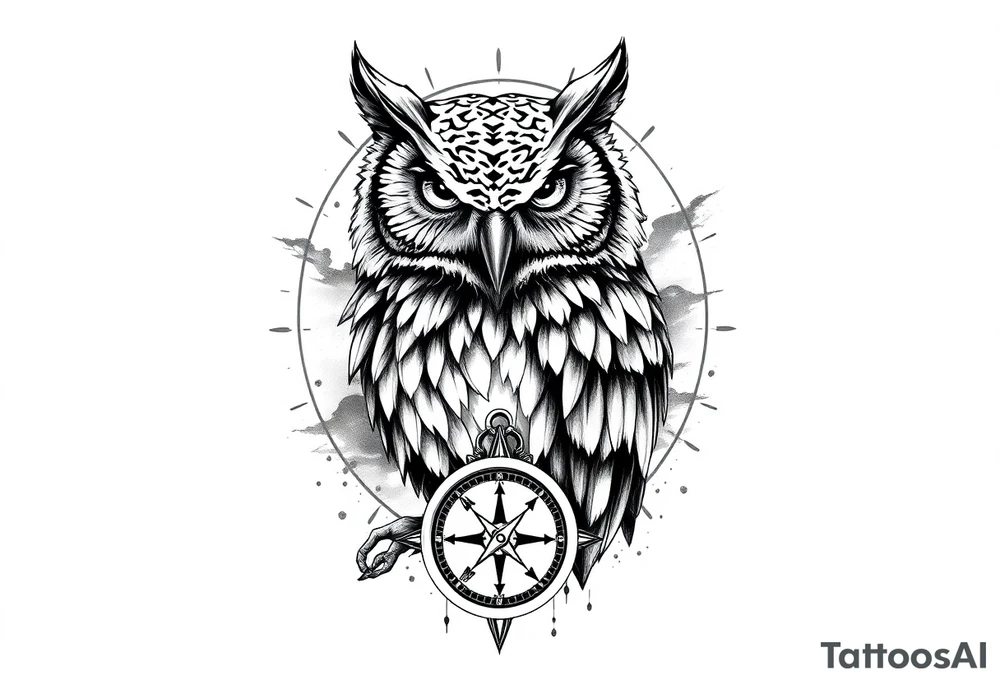an owl,a compass,landscape. tattoo idea