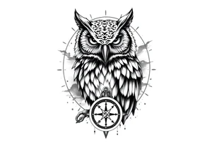 an owl,a compass,landscape. tattoo idea