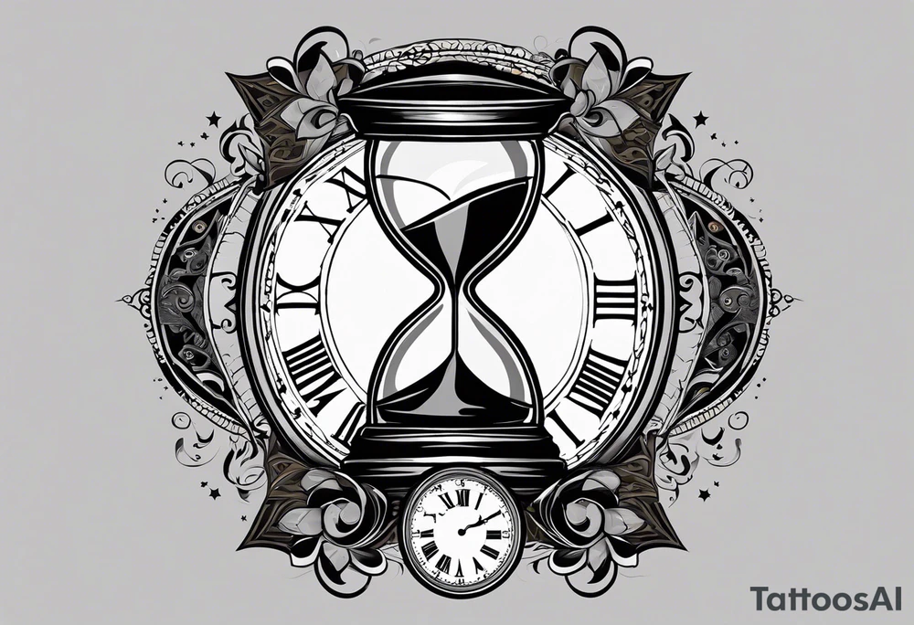 I want a tattoo-inspired design for a t-shirt that features a bold and detailed hourglass with a hand clock in the center, using Amazigh numerals for the clock numbers. The hourglass should have a strong, shaded look, with sharp lines resembling tattoo art. Planets and stars should orbit around the hourglass, giving it a cosmic and timeless feel. The design should be intricate, focusing on the flow of time and the universe, with the planets adding depth and movement. The overall aesthetic should be bold and detailed, in a blackwork tattoo style, without any flowers."black and whit design tattoo idea