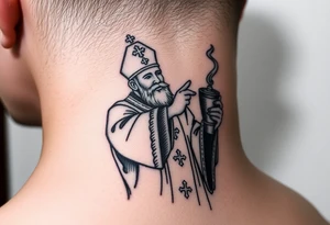 Russian Orthodox Priest in fully detailed vestment swinging a censer with smoke curling upward tattoo idea