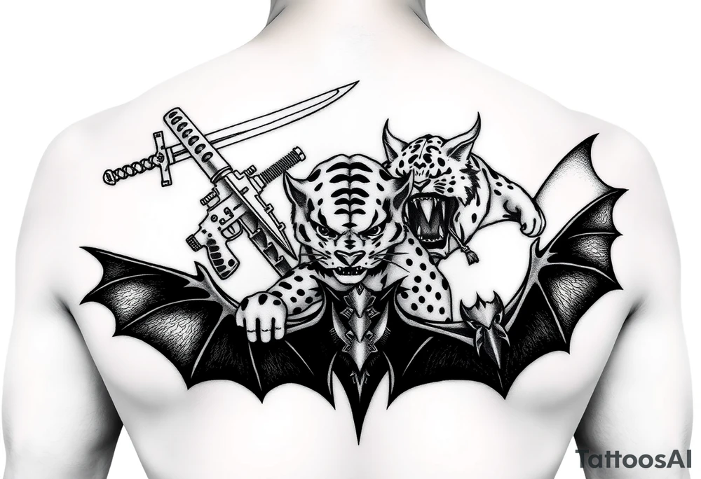 Anime design featuring Kuwabaras spirit Sword, Yusukes spirit gun, Toradoras palm top tiger, and the Deimon devil bat tattoo idea