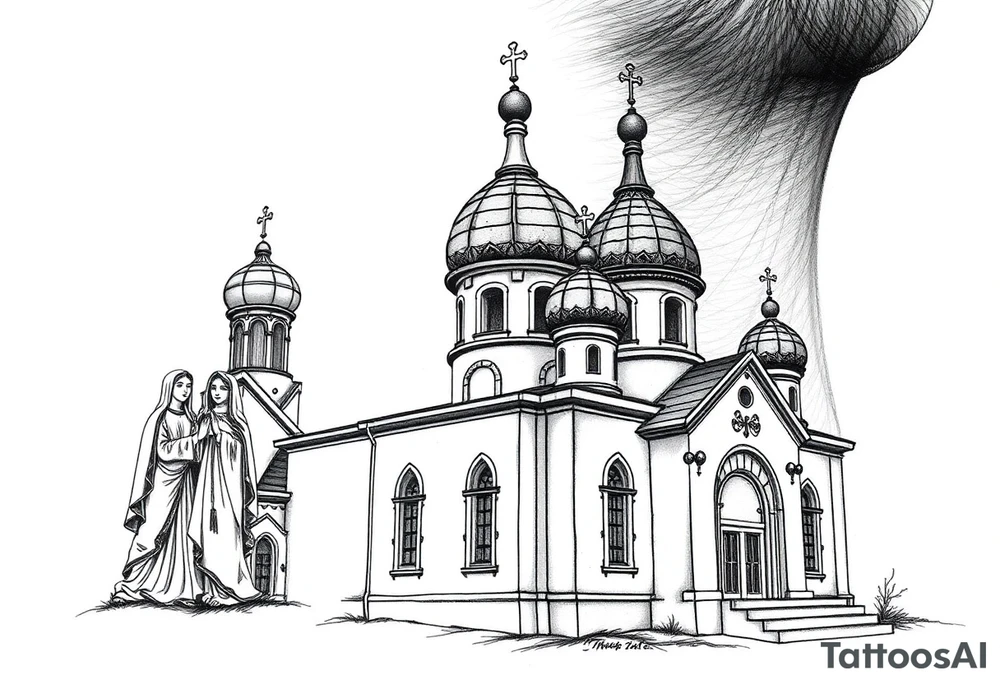 Russian orthodox church with bulb domes with a prominent russian orthodox style virgin mary stood outside to the left tattoo idea