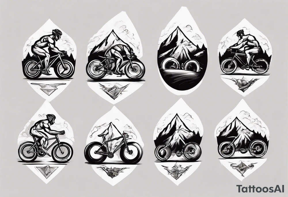 road cycle, flexing muscle and a mountain tattoo idea