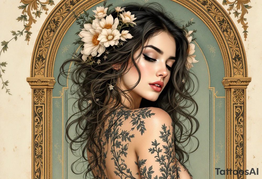 Alfons Mucha’s dreamy portrait of a woman with flowers in her hair, posed against an ornate arch in aged brass and soft sage. tattoo idea