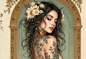 Alfons Mucha’s dreamy portrait of a woman with flowers in her hair, posed against an ornate arch in aged brass and soft sage. tattoo idea