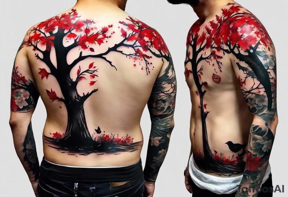 trash polka style. Arm tattoo. chest tattoo. Long tattoo. large tattoo. Full sleeve. Shoulder. A single large maple tree with red autumn leaves that branches upwards from wrist to shoulder. White-throated dipper bird on the trees branches. Calluna flowers at the base of the trees stem. Tree stem has dark colors. Red/yellow sunset behind the trees stem. Leaves falling. tattoo idea