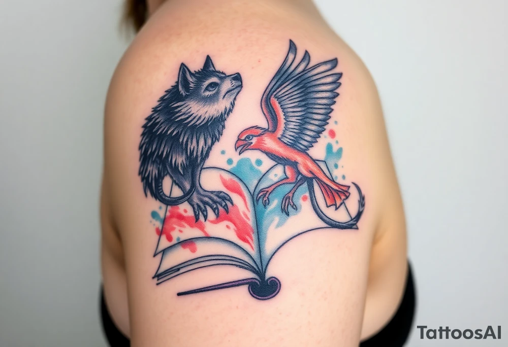 An open book with a werewolf, an owl & a dragon and a phoenix flying/running around the book tattoo idea