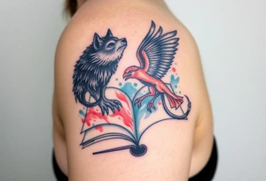 An open book with a werewolf, an owl & a dragon and a phoenix flying/running around the book tattoo idea