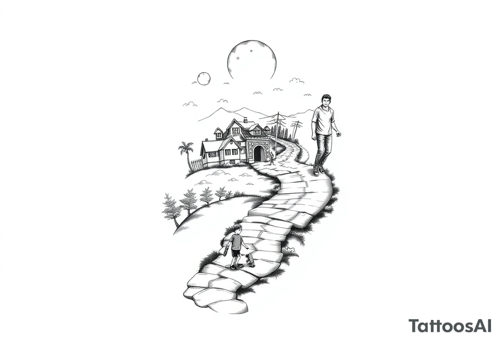 designing a black and white tattoo for a half-sleeve on shoulder: path beginning in the bottom end and winding upwards. The first third starting at the bottom. On the left are a few trees and on the right side a village and a school. A child is walking the path. On the second third, the path changes to a street. On its right side is a city and on its left side a few friends, which are attending a heavy metal concert, which is taking place on a stage. The child has grown into adolescence and is walking the street with a skateboard in one hand. On the third third, there is a man on the still upwards winding street, with drum sticks in one hand. There is a japanese Tori on the street and on the left, the streets changes to a beach. In the sea a manta ray is visible. tattoo idea
