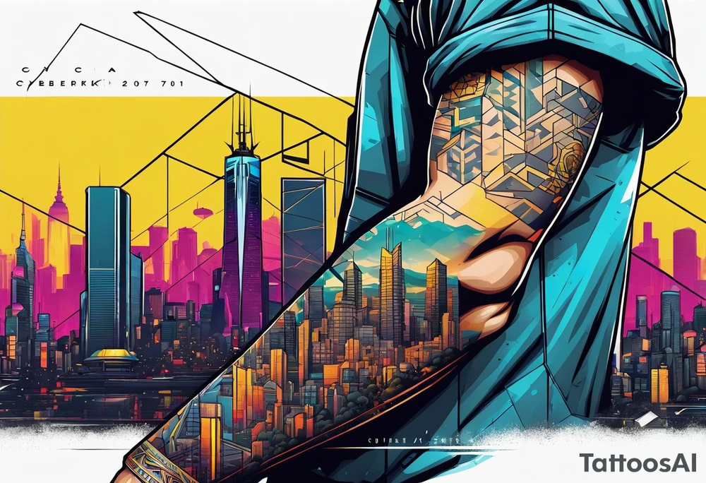 cyberpunk 2077, forearm tattoo, geometric, subtle, men, city skyline, bright colour, tattoo idea