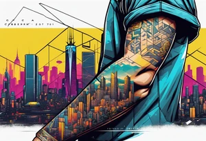 cyberpunk 2077, forearm tattoo, geometric, subtle, men, city skyline, bright colour, tattoo idea