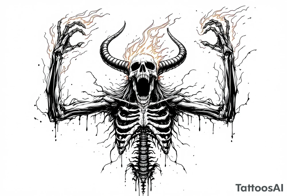 Flaming satan skeleton reaching up bith arms to heaven tattoo idea