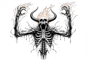 Flaming satan skeleton reaching up bith arms to heaven tattoo idea