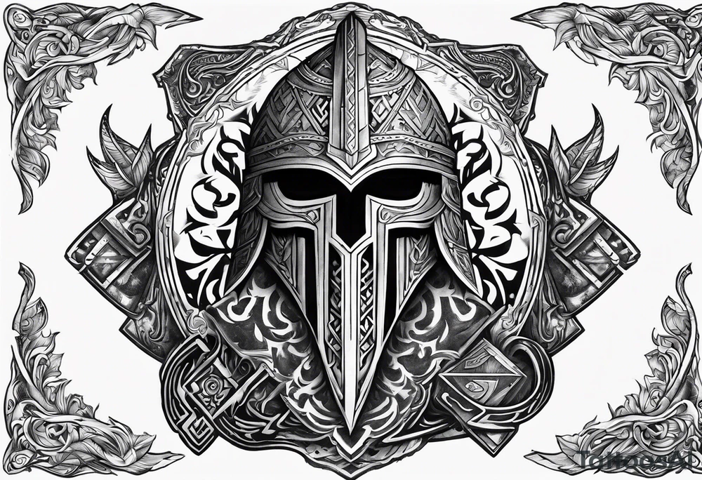 Valhalla shield sword axe Valknut fire armour tattoo idea