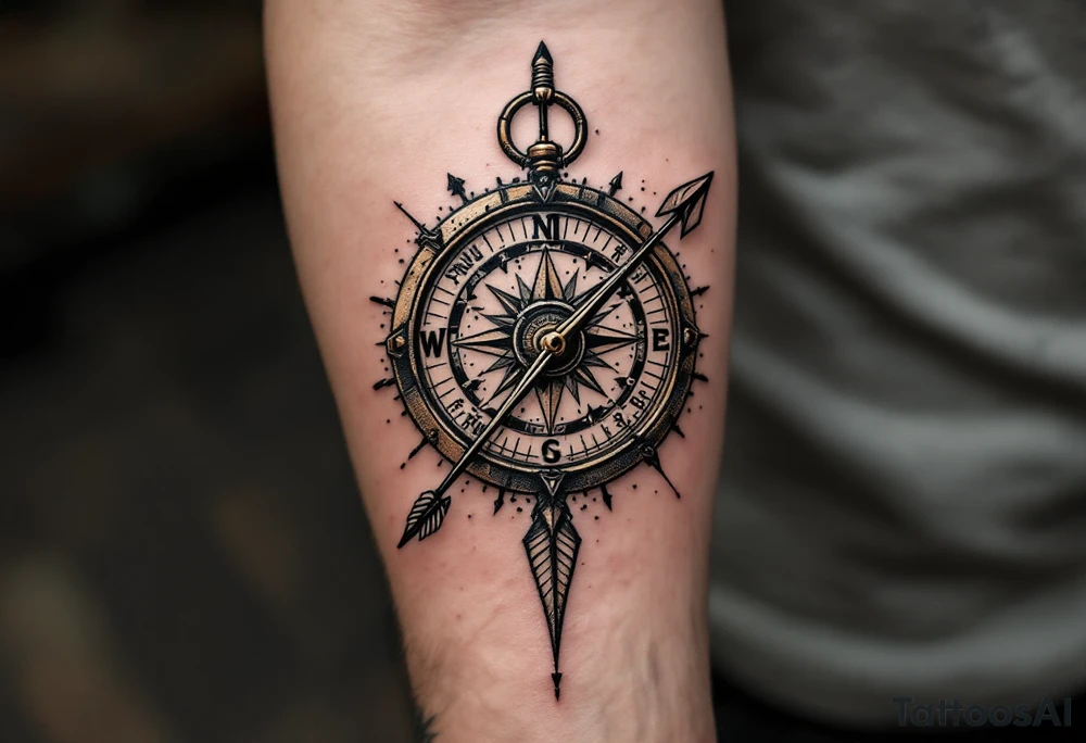 rustic compass/clock with a native american arrow going thru it and say "True North" tattoo idea