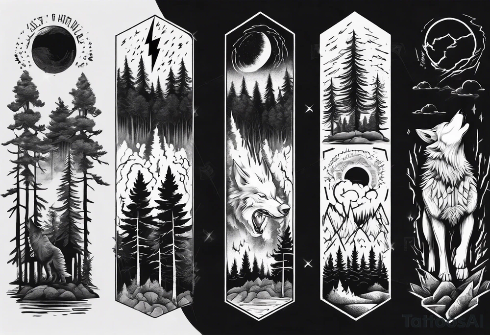 lightning over forest with wolf howling tattoo idea
