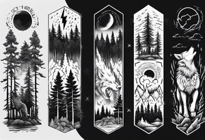lightning over forest with wolf howling tattoo idea
