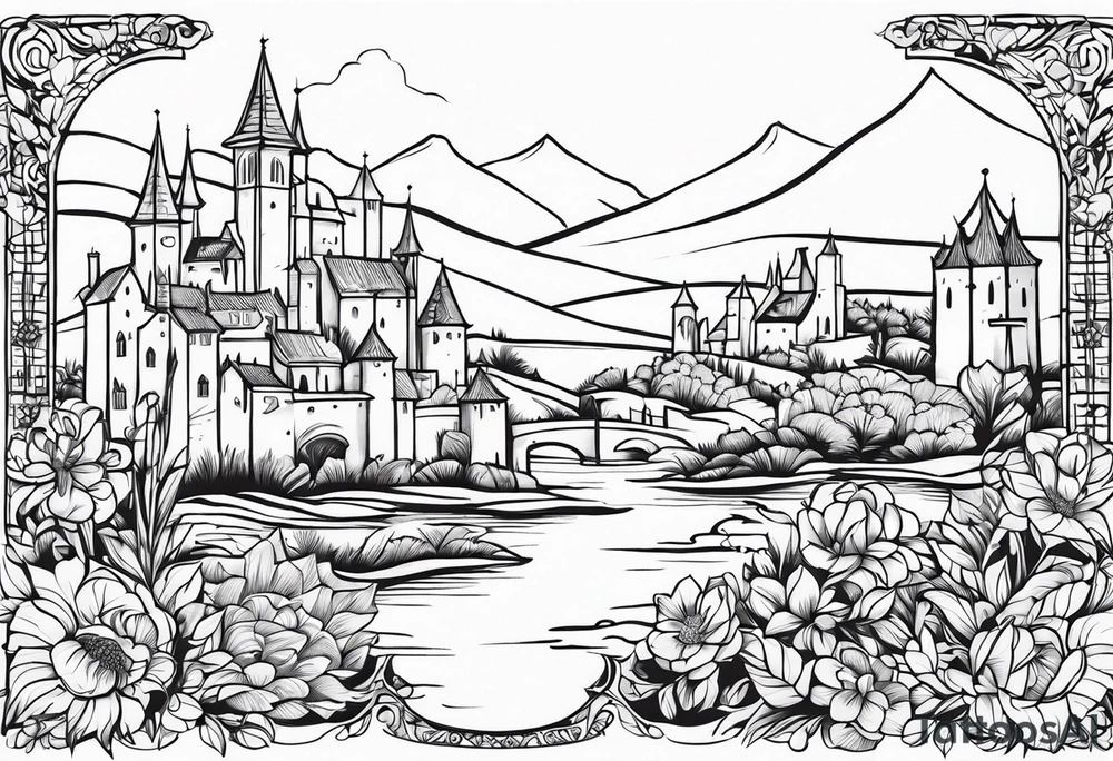 medieval tribal city 
floral  land  vignette tattoo idea