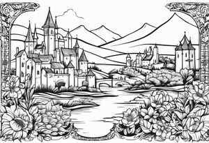 medieval tribal city 
floral  land  vignette tattoo idea