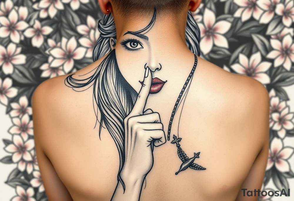 Beautiful women with long flowing hair in the wond that flows down her back and the side of her shoulder and chest as she is looking forward her face is she has big eyes that are empty cause she is blind and her little nose is normal and her lips are bug and full but she has her index finger to her full lips as telling you to not speak and even though she has alot of hair you can see her pierced ears but both ears are bleeding and the blood is dipped down her naked body as she sits in a garden full of Beautiful pink plumeria tattoo idea