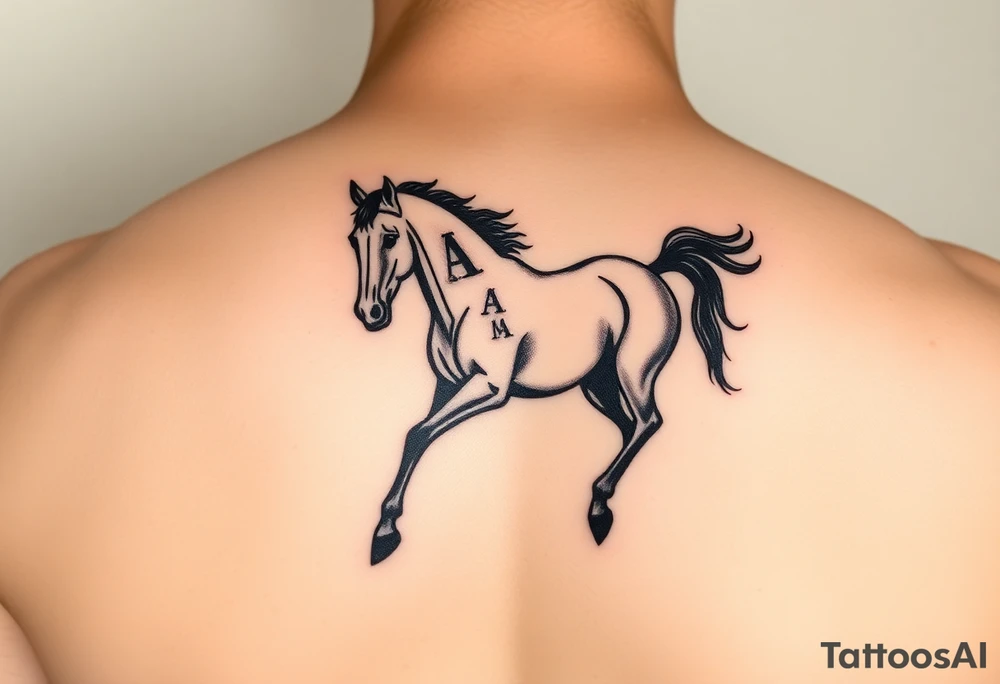 horse silhouette 
from the front which gallops from the front, with the 3 small letters discreetly integrated: L, A, M tattoo idea