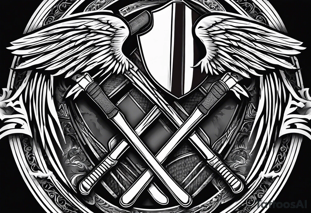 Hockey sticks crossing with 39 in the middle and angel wing around it tattoo idea