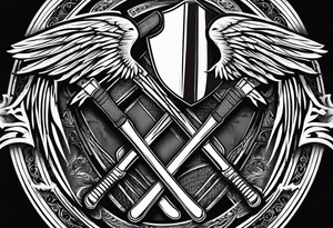 Hockey sticks crossing with 39 in the middle and angel wing around it tattoo idea