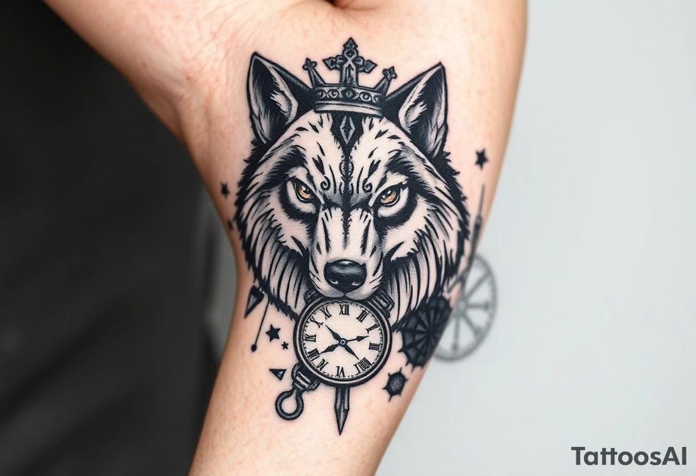 “A detailed black and gray tattoo design featuring a wise wolf head with intense eyes, surrounded by a broken crown, an antique pocket watch with Roman numerals, and a compass pointing north. Subtle AK-47 silhouette elements are blended in the background as a symbolic shadow, not aggressive. Realistic style, fine lines, deep shading, placed on the inner forearm.” tattoo idea