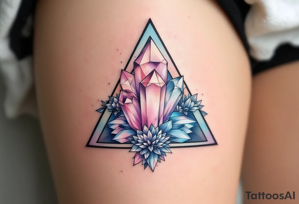 A triangle with crystal patterns in pastel pinks and blues, symbolizing clarity and energy. tattoo idea
