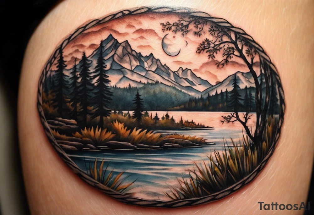 I want a large tattoo with a super realistic paw print, within the paw print I want a landscape and I want it to be lifelike texture and shading, especially on the nails. Inside the paw print, there's a detailed nature scene: mountains, a lake, a stream, and southern oak trees with wide canopies like a traditional southern background, and no pine trees. Keep the peeks of the mountains soft. The sun peeks over the mountains, shining and reflecting over the land and water, with realistic shading for depth. Around the paw print, l'd like a splotchy, fading background for a natural, textured look, but without any animals. The overall style should be detailed and realistic, with strong shading and dimension. No color and very realistic in the paw. tattoo idea