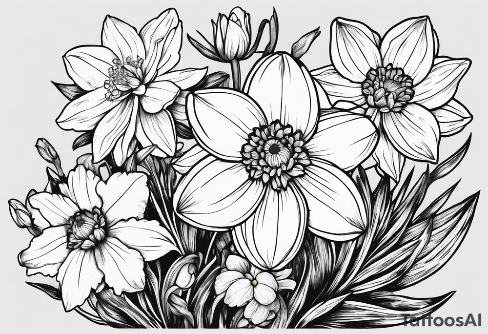 Narcissus, CHRYSANTHEMUM, COSMOS, SNOW DROP tattoo idea
