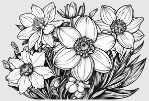 Narcissus, CHRYSANTHEMUM, COSMOS, SNOW DROP tattoo idea