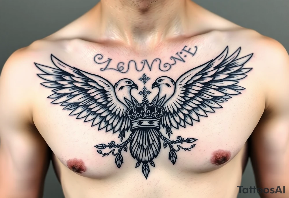 Chest tattoo,powerful two symetrical majestic eagles, surrounded by lure ornaments , between eagles a crown tattoo idea