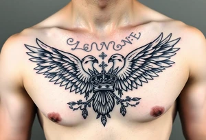 Chest tattoo,powerful two symetrical majestic eagles, surrounded by lure ornaments , between eagles a crown tattoo idea