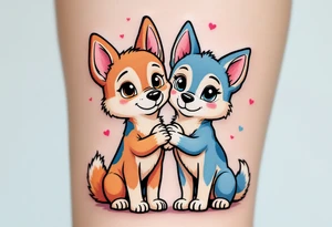 Chase and Skye standing side by side, with their paws intertwined in a symbol of teamwork. The background has a light sky blue and soft pink gradient with subtle hearts floating around them. tattoo idea