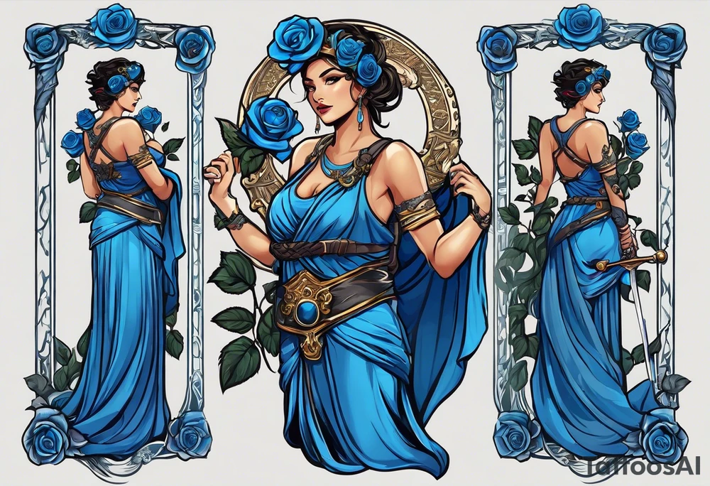 ancient rome clothes women, with svale in one hand and a sword in the other, blue rose frames, justicia tattoo idea