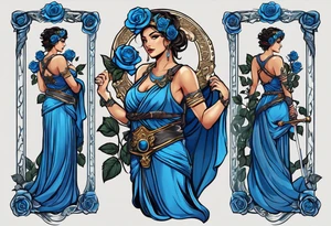 ancient rome clothes women, with svale in one hand and a sword in the other, blue rose frames, justicia tattoo idea