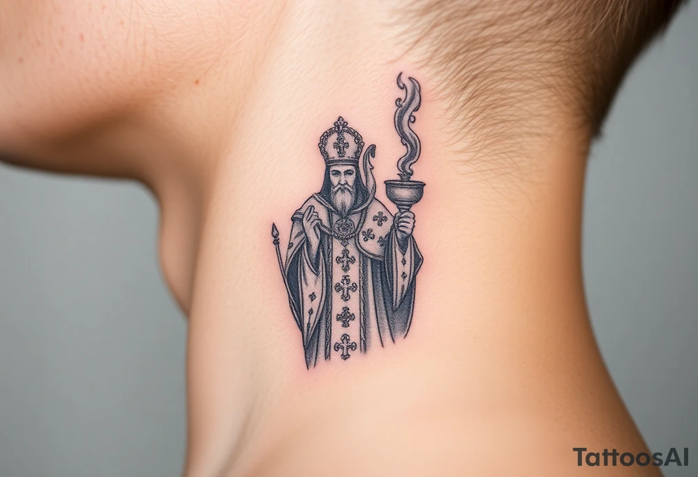 Russian Orthodox Priest in a fully detailed gold vestment swinging a censer with smoke curling upward tattoo idea