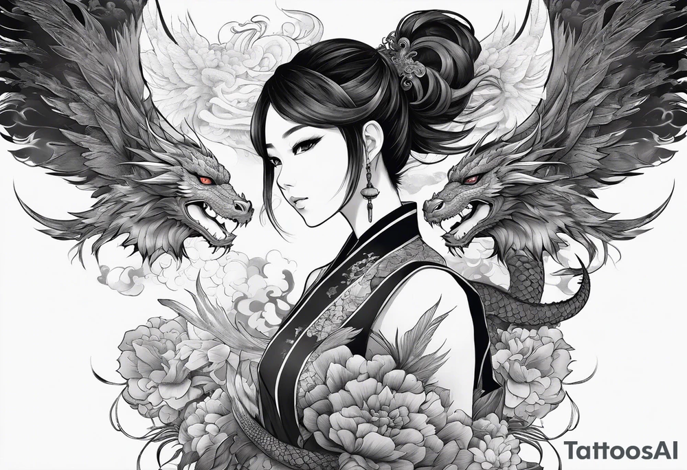 a full shot of an anime girl seen from far, surrounded by asian dragon with wings tattoo idea