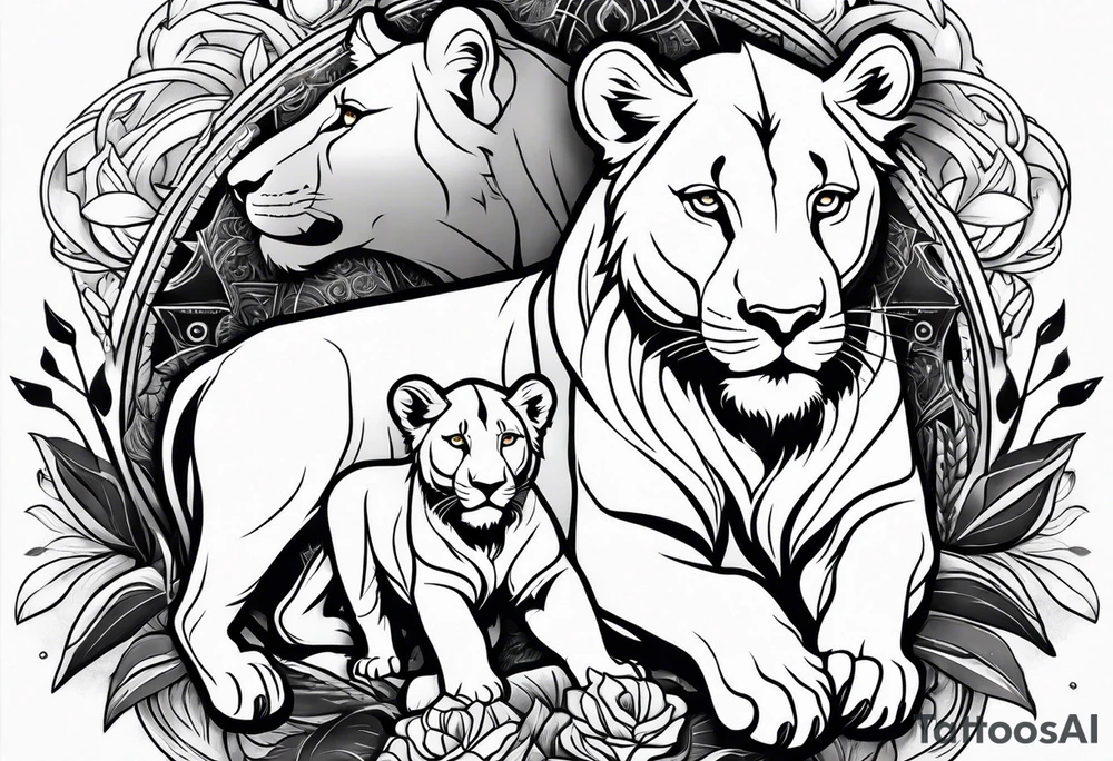 Lioness protecting her two cubs tattoo idea