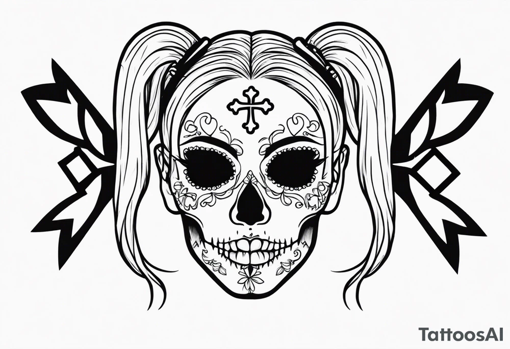 feminine skull and cross bones with hair in two blonde pigtails tattoo idea