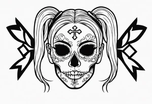 feminine skull and cross bones with hair in two blonde pigtails tattoo idea
