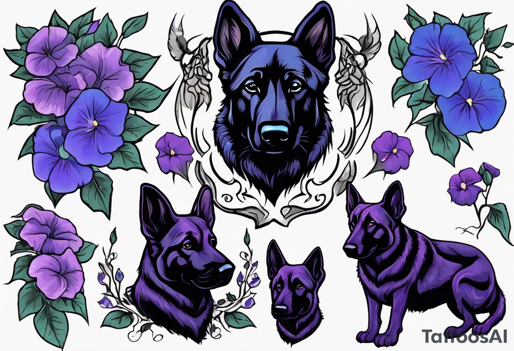 Black German shepherd face surrounded by blue and purple morning glories tattoo idea