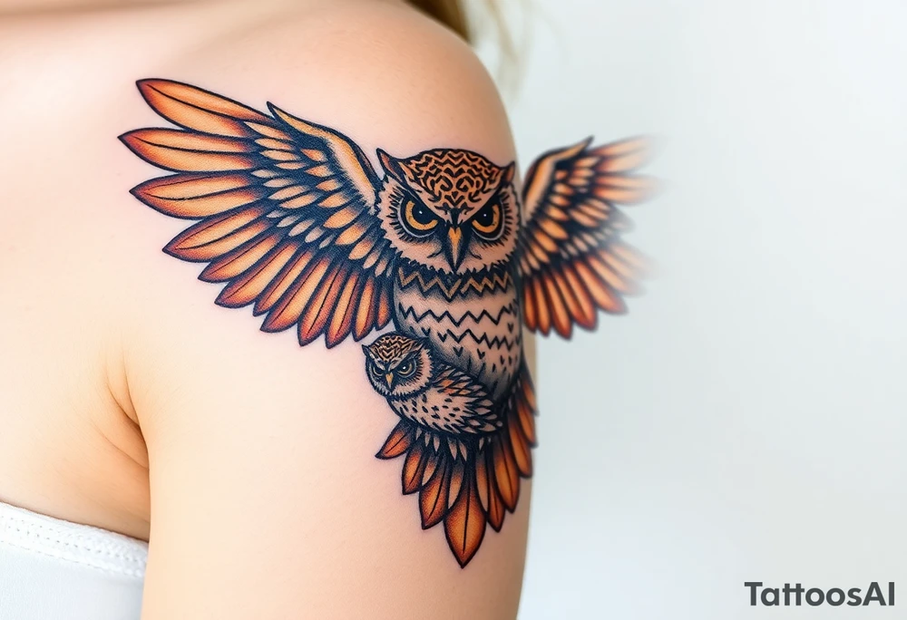 A mother owl spreading her wings over her baby, with intricate feather detailing in deep brown and golden hues, symbolizing wisdom and protection tattoo idea